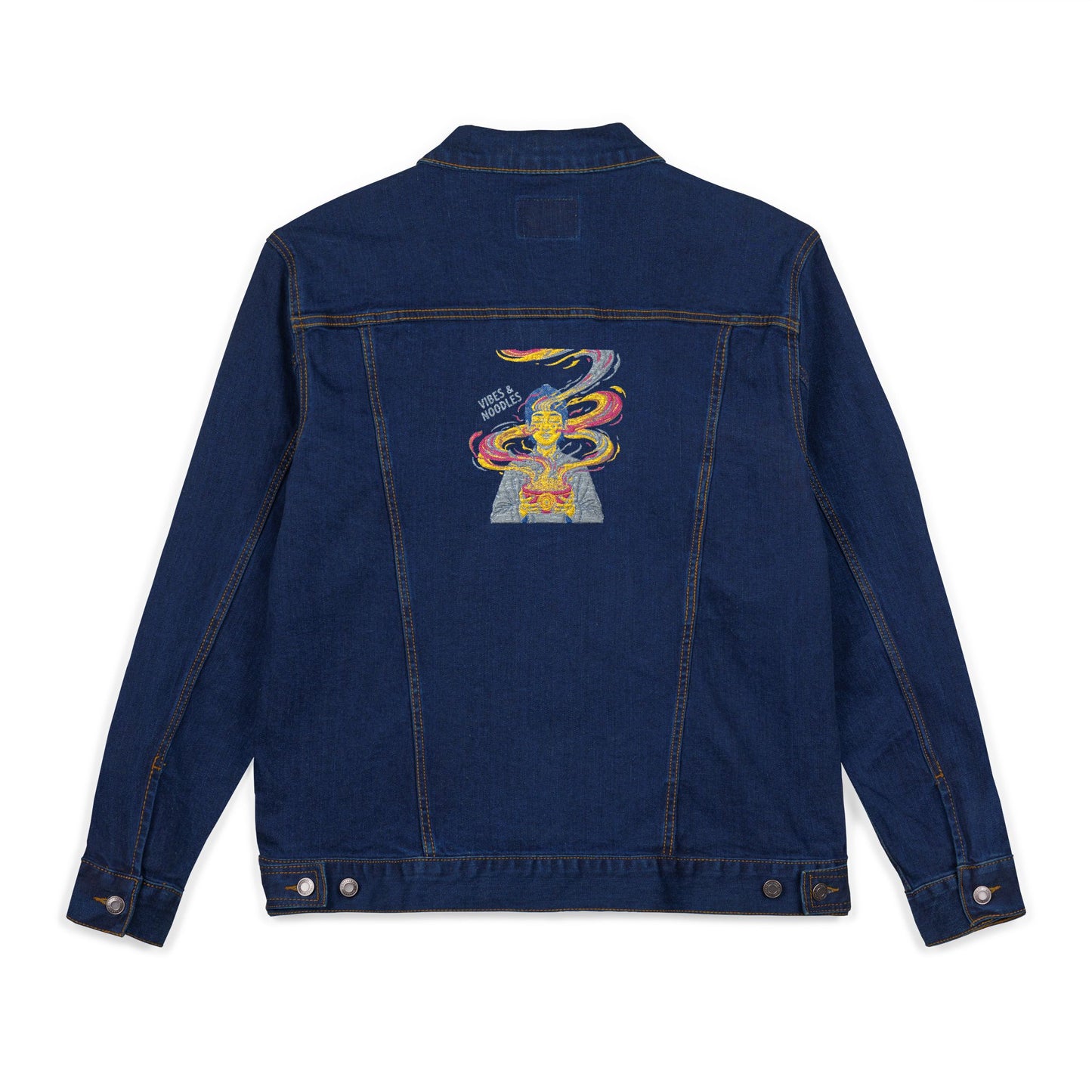 VIBES AND NOODLES Embroidered Unisex Denim Jacket | Trendy & Versatile Fashion Staple, Perfect for Casual Outings, Festivals, and Everyday Wear