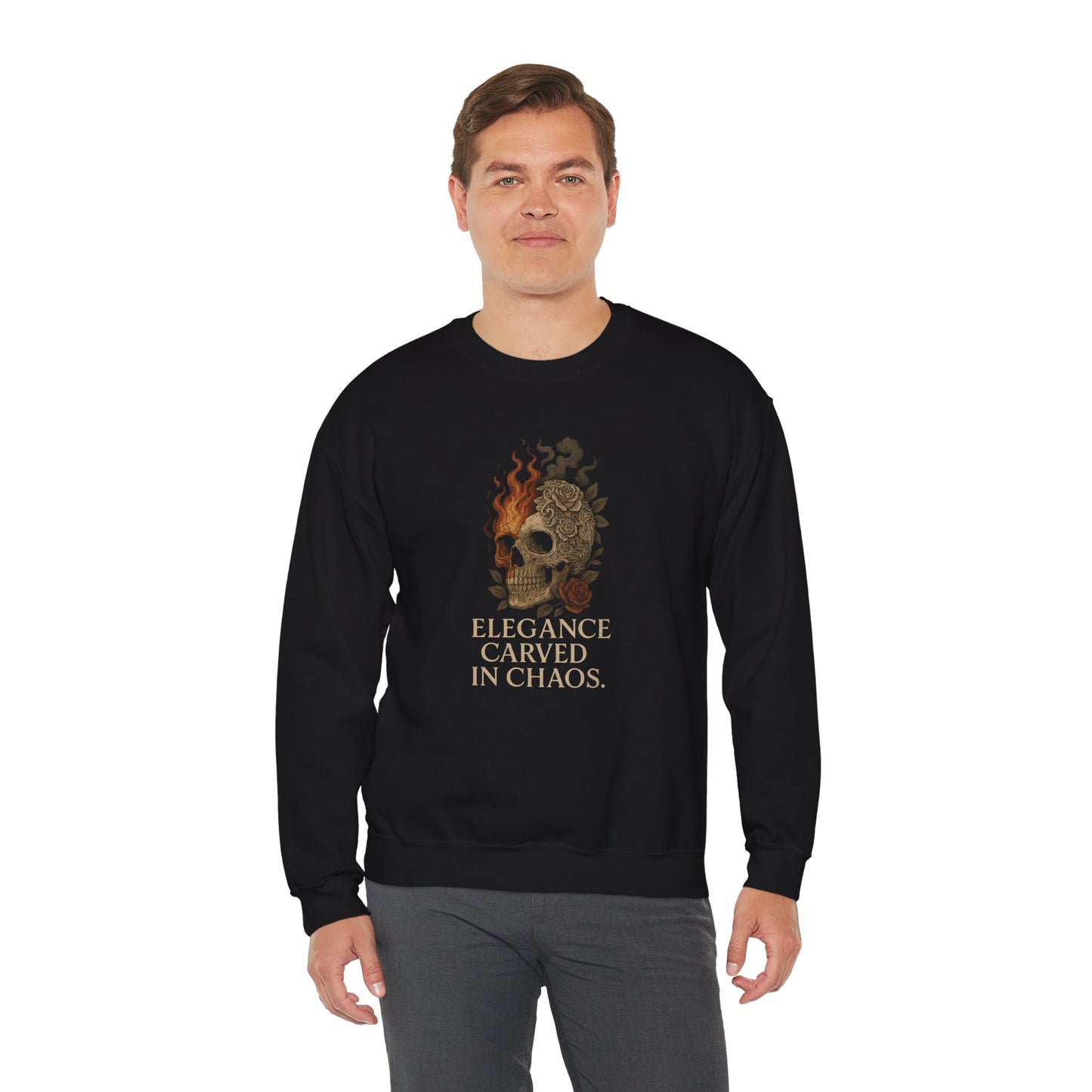 ELEGANCE CARVED IN CHAOS Unisex Crewneck Sweatshirt – Heavy Blend Pullover for Casual Wear | Cozy Streetwear Gift for Her, Feminist Fashion Statement