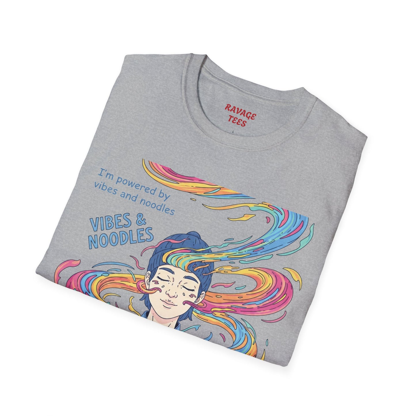 Vibes and Noodles Graphic Tee – Unisex Softstyle T-Shirt, Fun Quirky Apparel, Gift for Food Lovers, Casual Everyday Wear