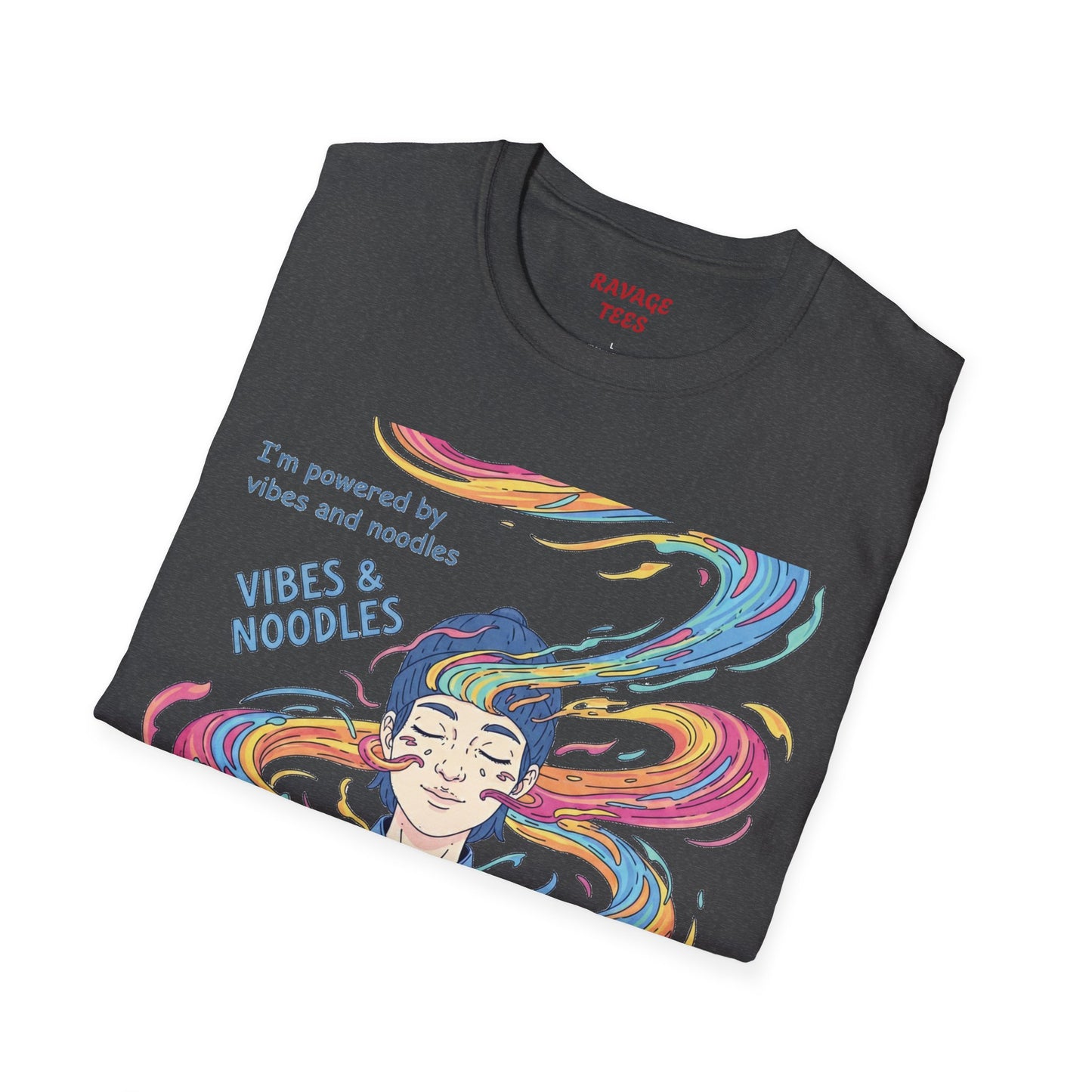 Vibes and Noodles Graphic Tee – Unisex Softstyle T-Shirt, Fun Quirky Apparel, Gift for Food Lovers, Casual Everyday Wear