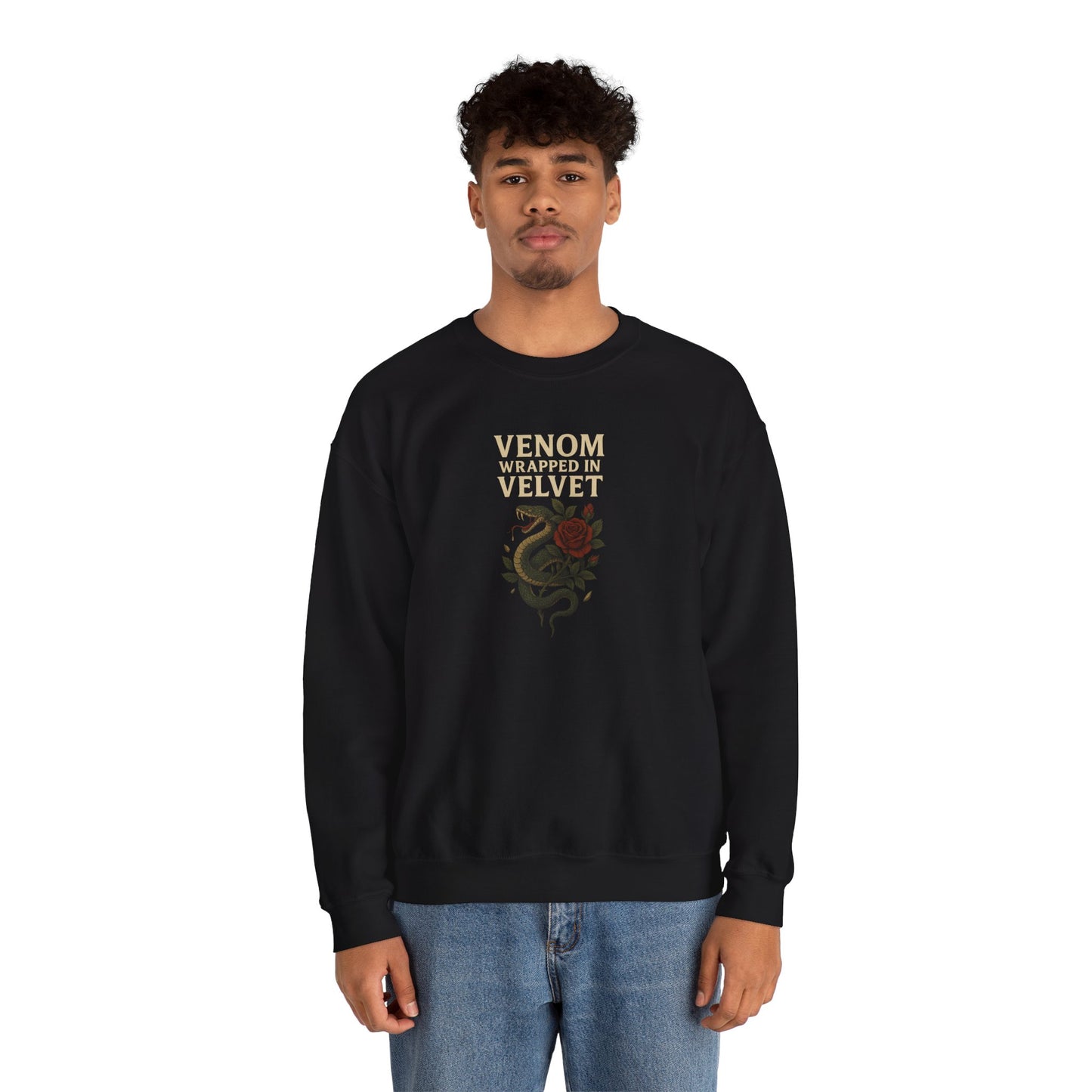 VENOM WRAPPED IN VELVET Unisex Crewneck Sweatshirt – Heavy Blend Pullover for Casual Wear | Cozy Streetwear Gift for Her, Feminist Fashion Statement