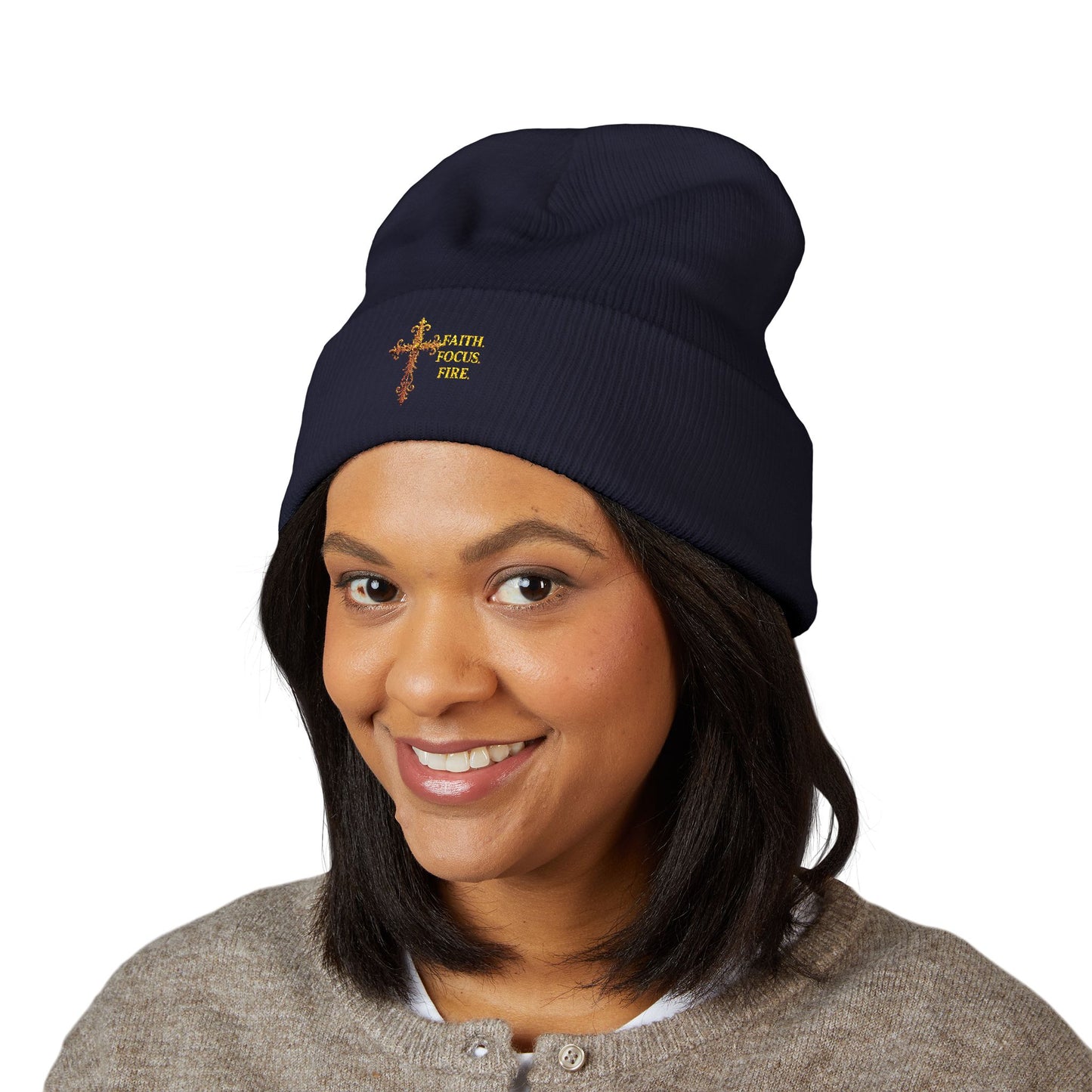 Classic Cuffed Beanie with Embroidered Cross Design - Cozy Gift for Winter, Religious Wear, Fashion Accessory, Holiday Beanie