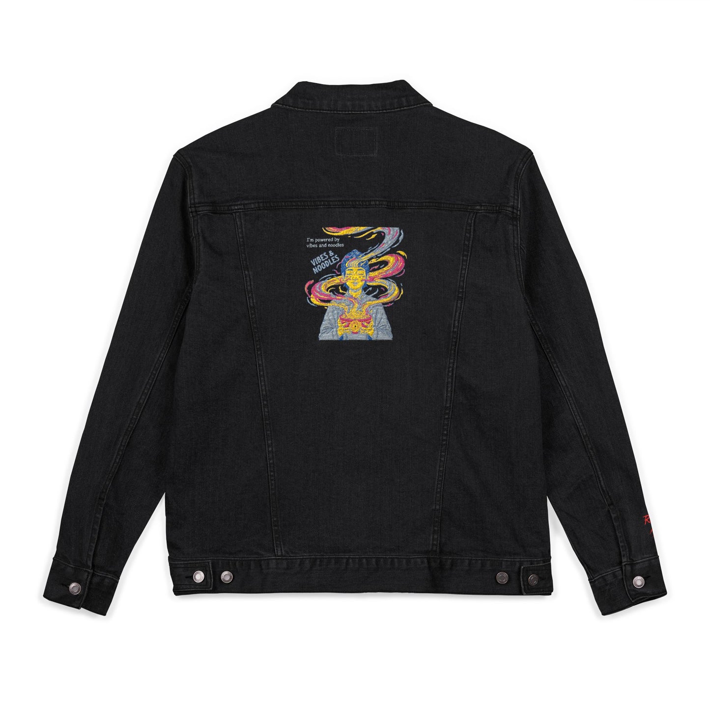 VIBES AND NOODLES Unisex Denim Jacket – Colorful Embroidery, Trendy Streetwear, Casual Fashion Essential, Gift for Style Lovers
