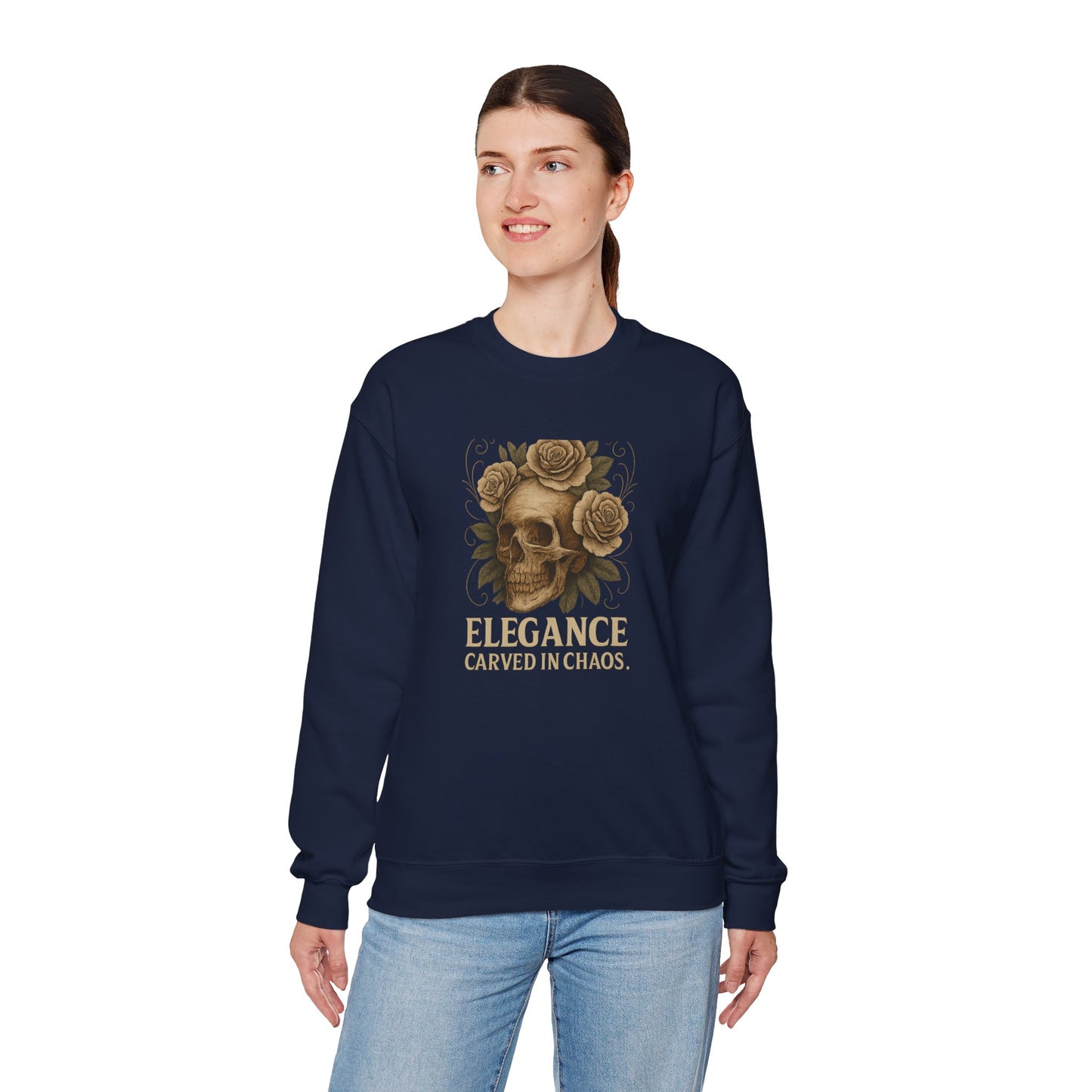 ELEGANCE CARVED IN CHAOS Unisex Crewneck Sweatshirt – Heavy Blend Pullover for Casual Wear | Cozy Streetwear Gift for Her, Feminist Fashion Statement