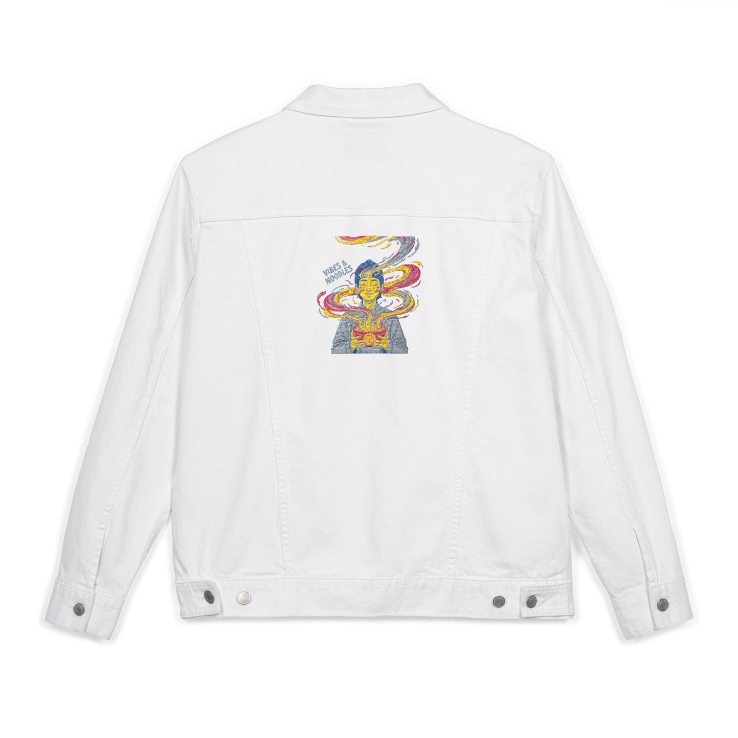 VIBES AND NOODLES Embroidered Unisex Denim Jacket | Trendy & Versatile Fashion Staple, Perfect for Casual Outings, Festivals, and Everyday Wear