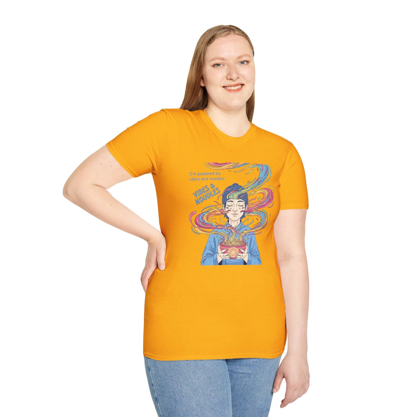 Vibes and Noodles Graphic Tee – Unisex Softstyle T-Shirt, Fun Quirky Apparel, Gift for Food Lovers, Casual Everyday Wear
