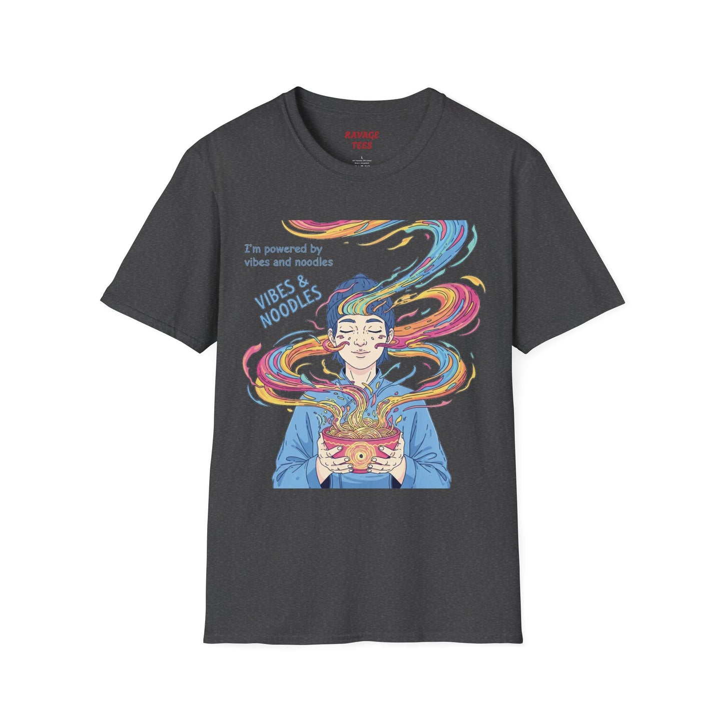 Vibes and Noodles Graphic Tee – Unisex Softstyle T-Shirt, Fun Quirky Apparel, Gift for Food Lovers, Casual Everyday Wear