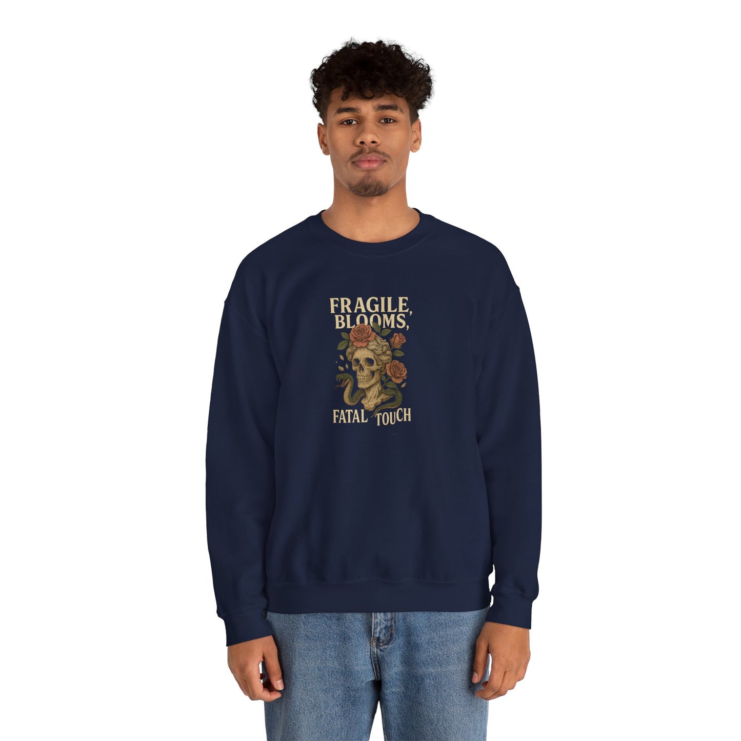 FRAGILE BLOOMS FATAL TOUCH Unisex Crewneck Sweatshirt – Heavy Blend Pullover for Casual Wear | Cozy Streetwear Gift for Her, Feminist Fashion Statement