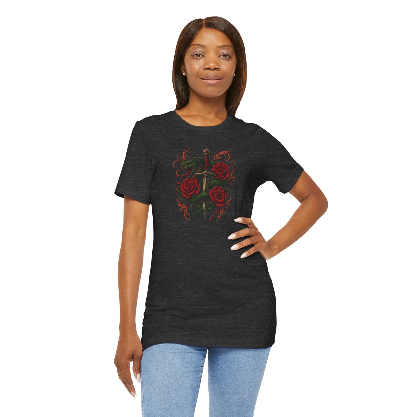 Edgy Rose Design Tee, Casual Wear, Gift for Music Lovers, Streetwear, Graphic Shirt, Vintage Style