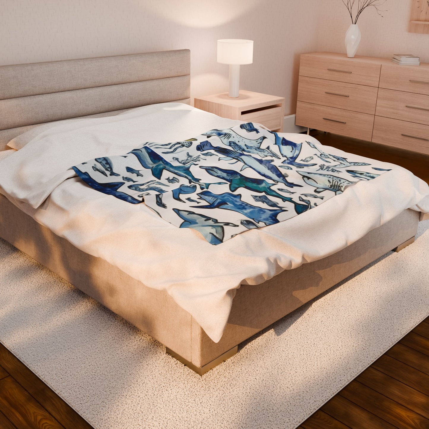 Ocean Themed Velveteen Plush Blanket | Shark Design Blanket, Cozy Home Decor, Gift for Beach Lovers, Nautical Room Accent, Birthday Gift