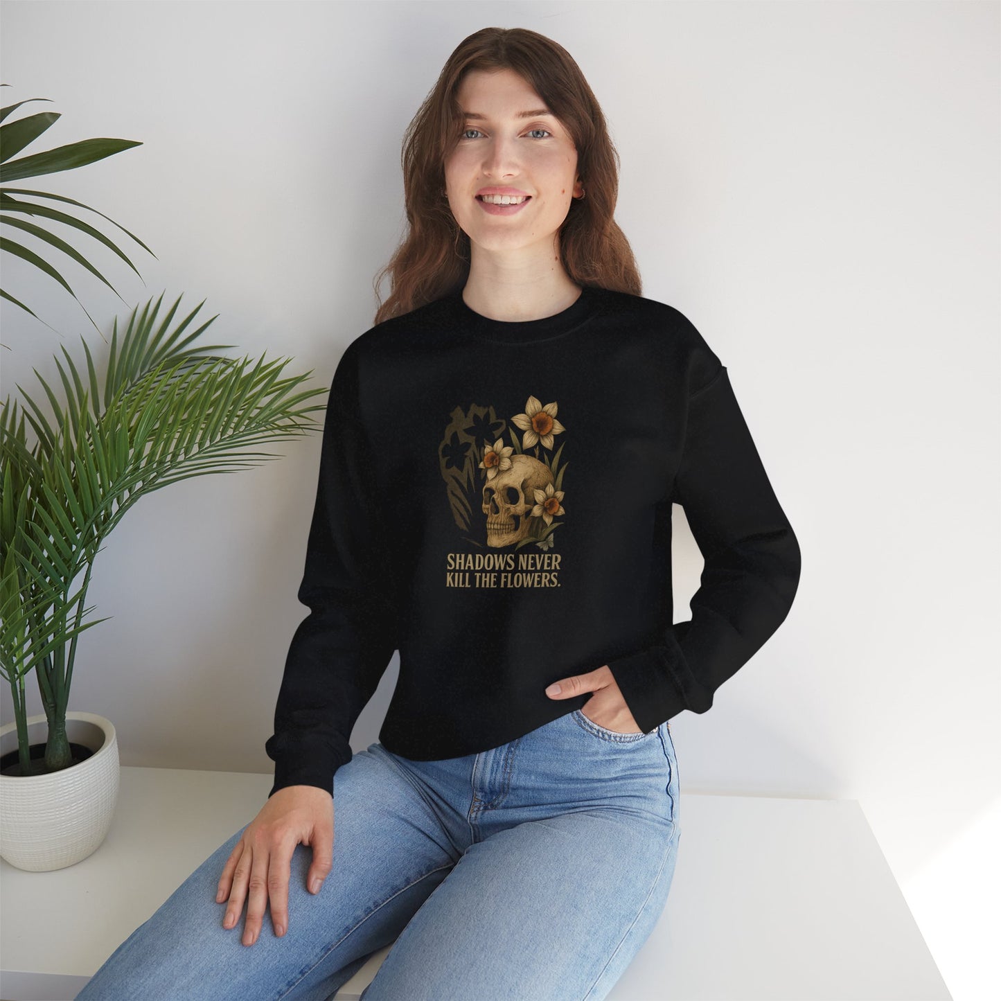 SHADOWS NEVER KILL THE FLOWERS Unisex Crewneck Sweatshirt – Heavy Blend Pullover for Casual Wear | Cozy Streetwear Gift for Her, Feminist Fashion Statement