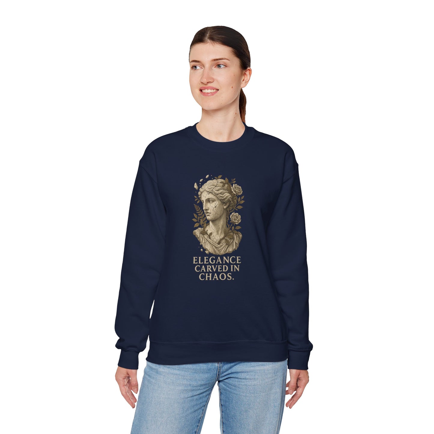 ELEGANCE CARVED IN CHAOS Unisex Crewneck Sweatshirt – Heavy Blend Pullover for Casual Wear | Cozy Streetwear Gift for Her, Feminist Fashion Statement