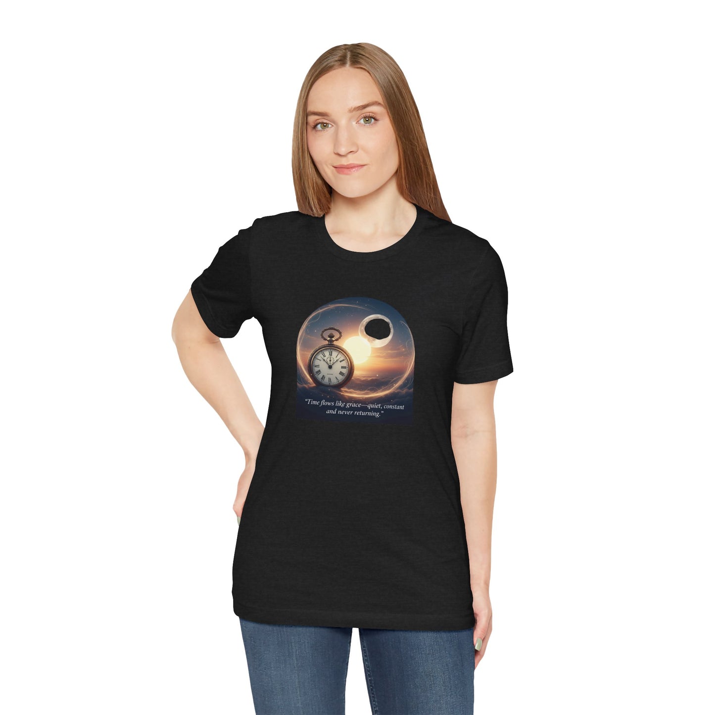 Time Flows Like Grace Cosmic Time Short Sleeve Tee, Celestial T-Shirt, Space Lover Gift, Astrology Shirt, Motivational Tee, Moon Phase Apparel