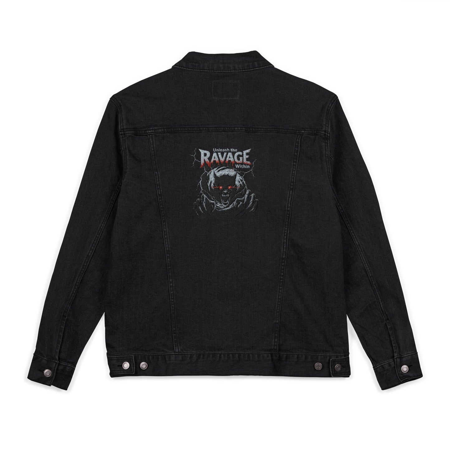 "Unleash the Ravage Within" Embroidered Denim Jacket – Bold Unisex Streetwear for Men & Women | Fall Fashion Layer | Edgy Gift Idea