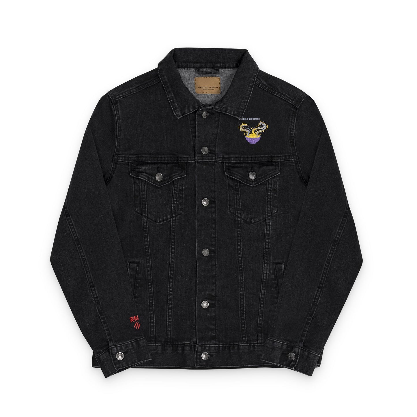 VIBES AND NOODLES Unisex Denim Jacket – Colorful Embroidery, Trendy Streetwear, Casual Fashion Essential, Gift for Style Lovers