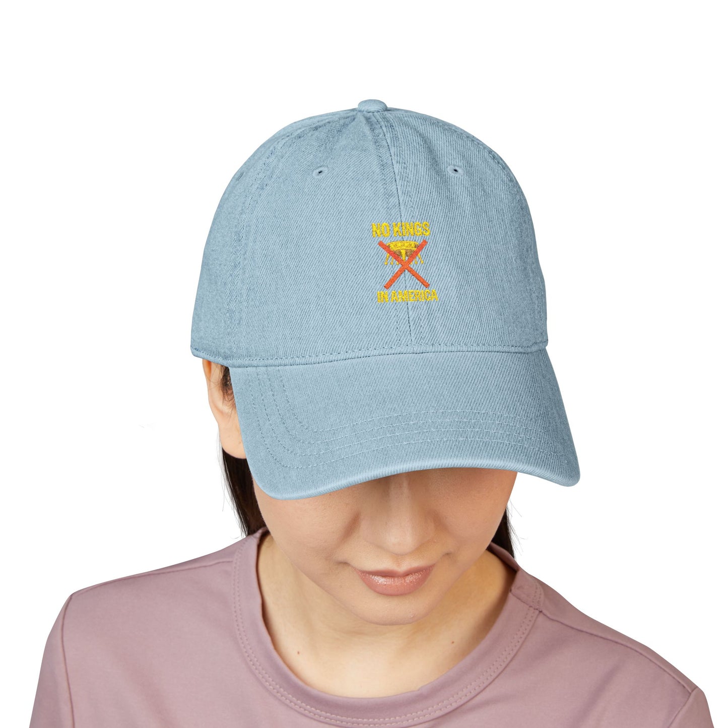 NO KINGS IN AMERICA Embroidered Denim Hat – Bold Statement Cap for Casual Style, Trendy Unisex Headwear, Fashion Accessory & Outdoor Gift Idea