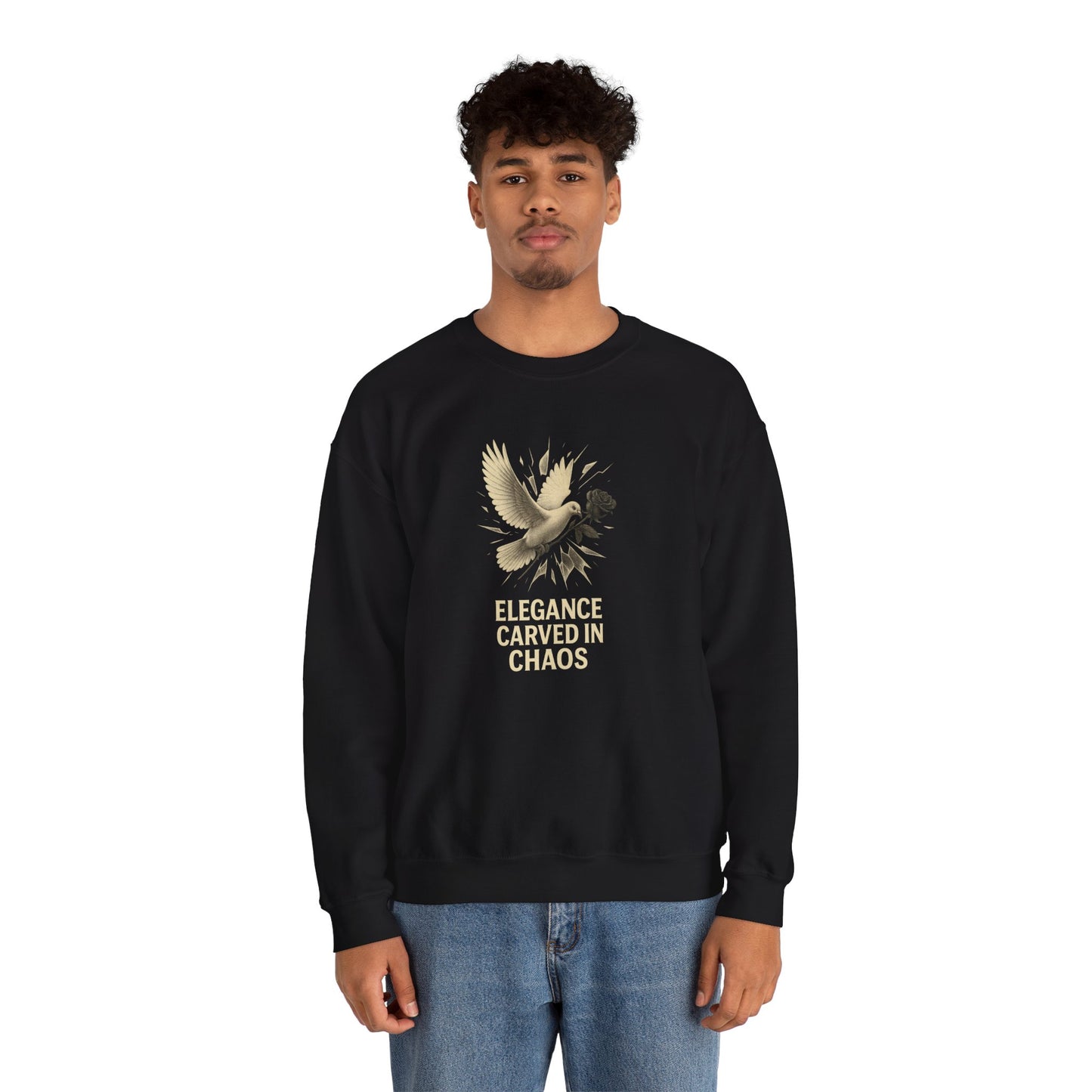 ELEGANCE CARVED IN CHAOS Unisex Crewneck Sweatshirt – Heavy Blend Pullover for Casual Wear | Cozy Streetwear Gift for Her, Feminist Fashion Statement
