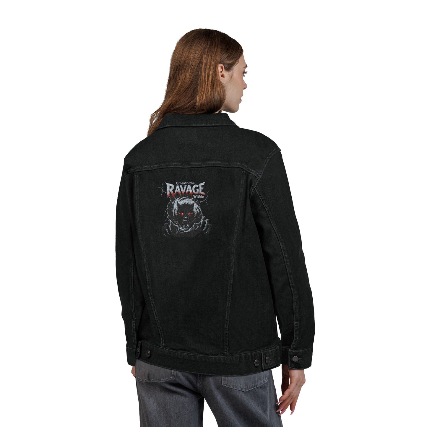 "Unleash the Ravage Within" Embroidered Denim Jacket – Bold Unisex Streetwear for Men & Women | Fall Fashion Layer | Edgy Gift Idea