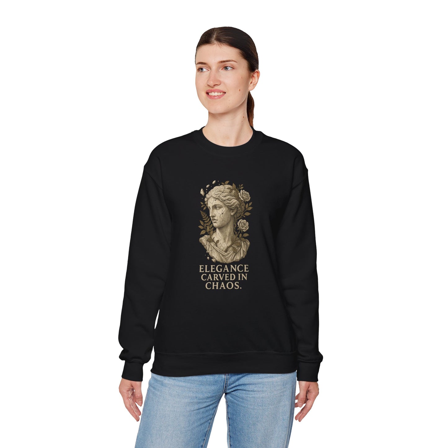 ELEGANCE CARVED IN CHAOS Unisex Crewneck Sweatshirt – Heavy Blend Pullover for Casual Wear | Cozy Streetwear Gift for Her, Feminist Fashion Statement
