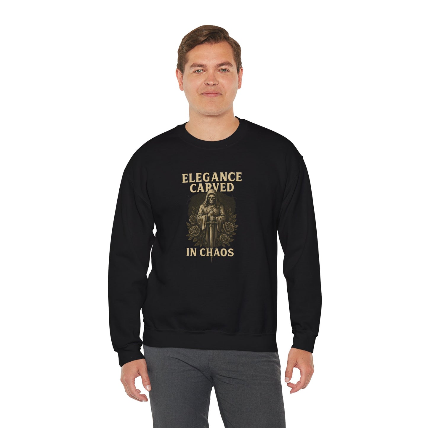 ELEGANCE CARVED IN CHAOS Unisex Crewneck Sweatshirt – Heavy Blend Pullover for Casual Wear | Cozy Streetwear Gift for Her, Feminist Fashion Statement