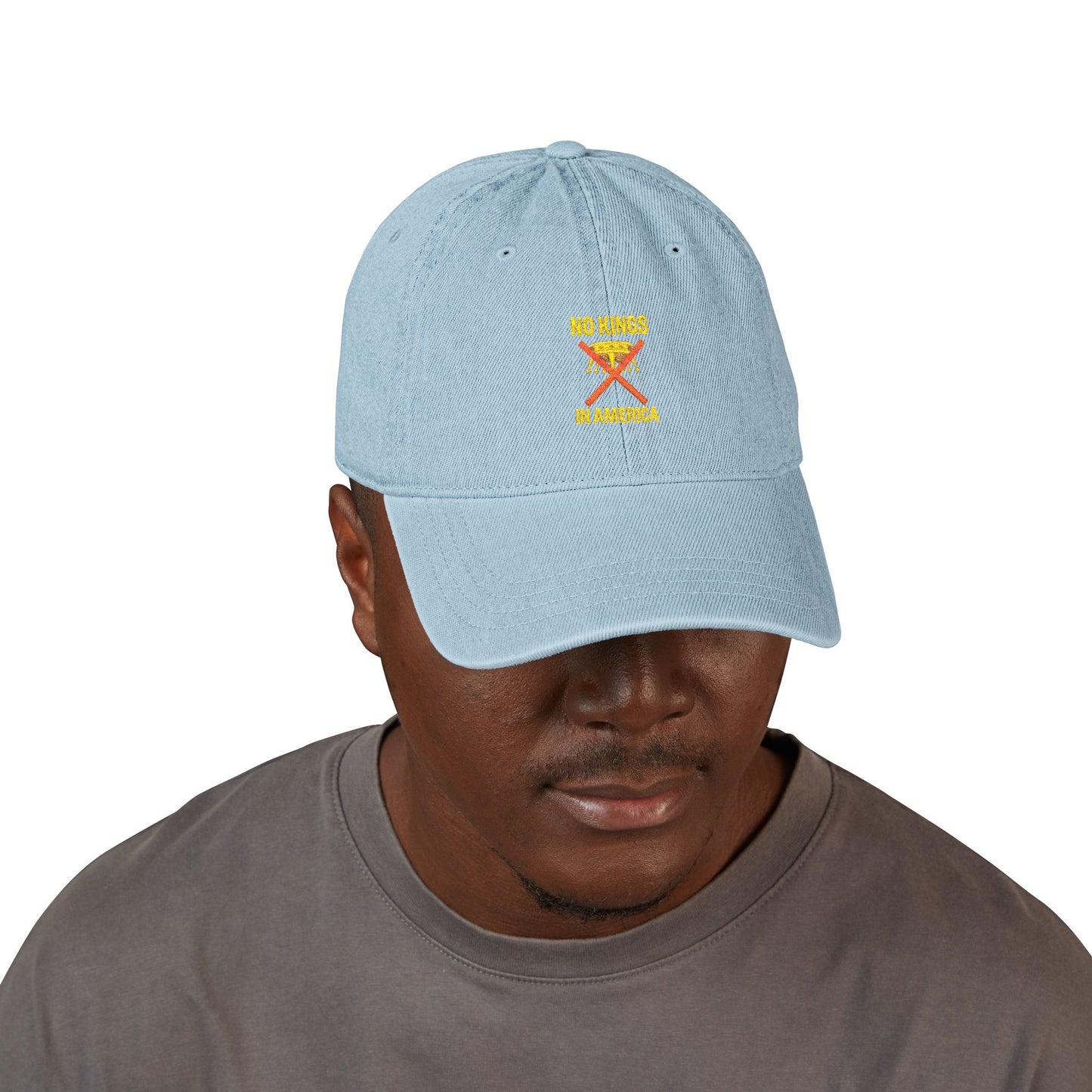 NO KINGS IN AMERICA Embroidered Denim Hat – Bold Statement Cap for Casual Style, Trendy Unisex Headwear, Fashion Accessory & Outdoor Gift Idea
