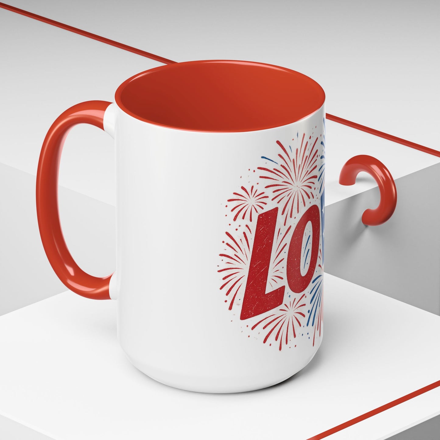 Patriotic Love Coffee Mug for Independence Day, Love Mug, Fireworks Gift, Holiday Drinkware, Celebration Cup