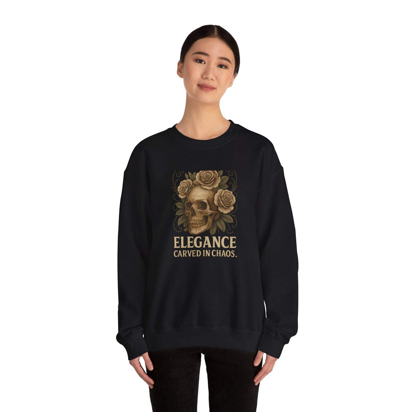 ELEGANCE CARVED IN CHAOS Unisex Crewneck Sweatshirt – Heavy Blend Pullover for Casual Wear | Cozy Streetwear Gift for Her, Feminist Fashion Statement