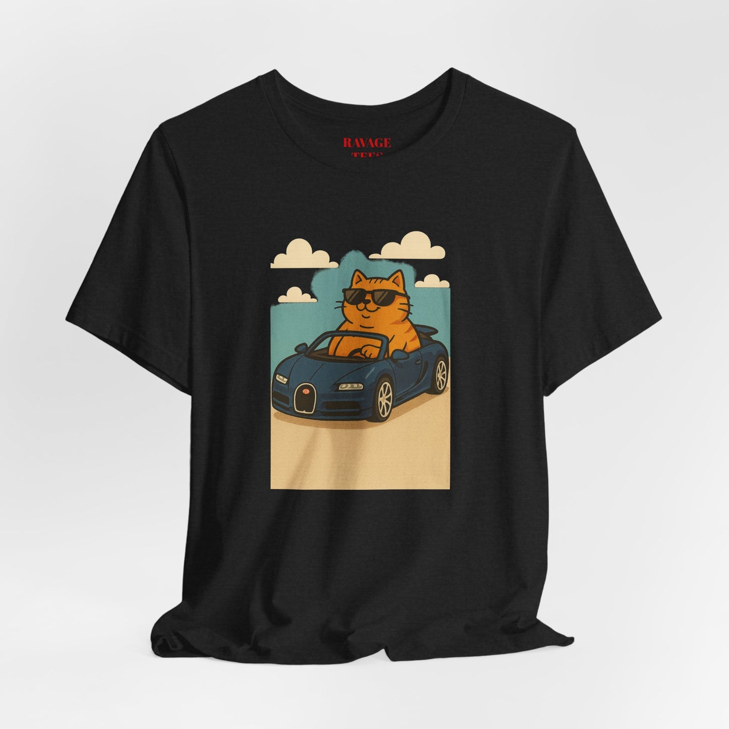 Cat Driving Sports Car Tee — Retro Graphic Cat Race Shirt