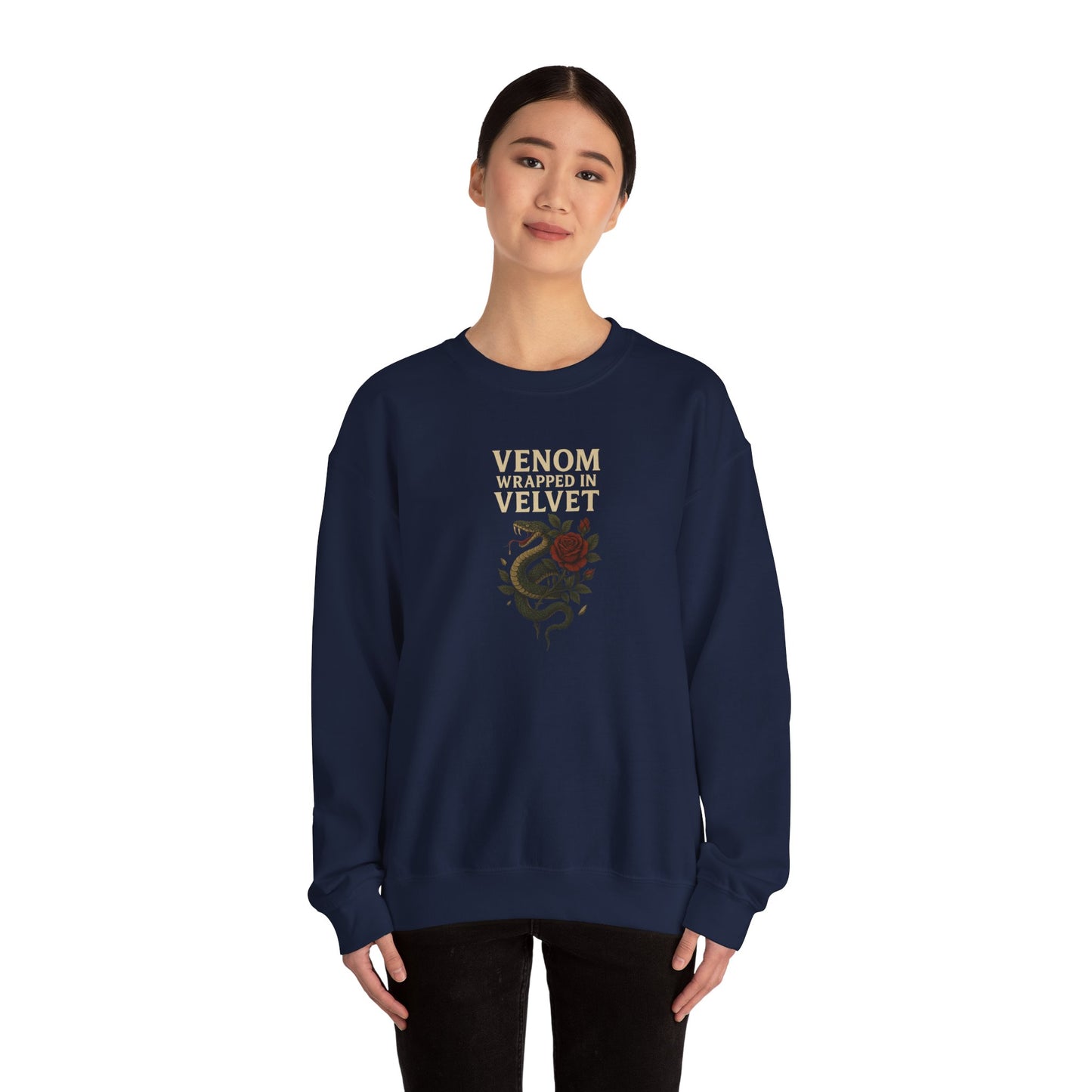 VENOM WRAPPED IN VELVET Unisex Crewneck Sweatshirt – Heavy Blend Pullover for Casual Wear | Cozy Streetwear Gift for Her, Feminist Fashion Statement