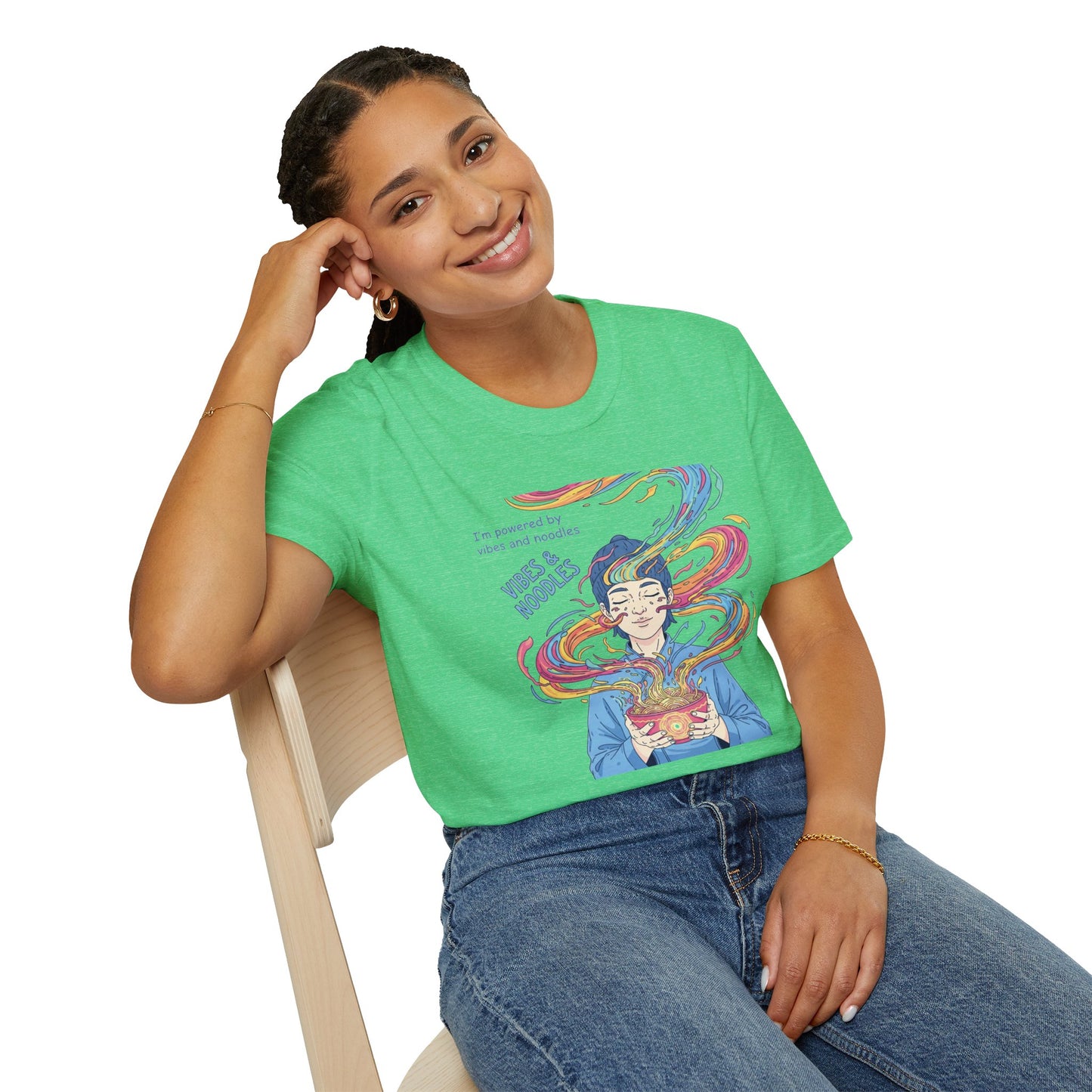 Vibes and Noodles Graphic Tee – Unisex Softstyle T-Shirt, Fun Quirky Apparel, Gift for Food Lovers, Casual Everyday Wear