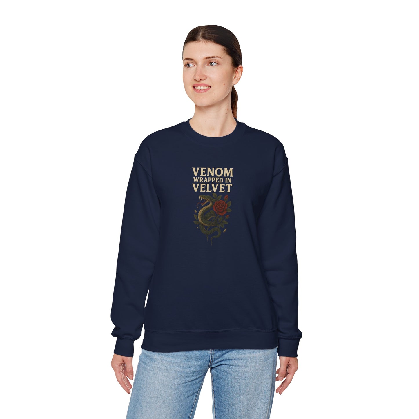 VENOM WRAPPED IN VELVET Unisex Crewneck Sweatshirt – Heavy Blend Pullover for Casual Wear | Cozy Streetwear Gift for Her, Feminist Fashion Statement