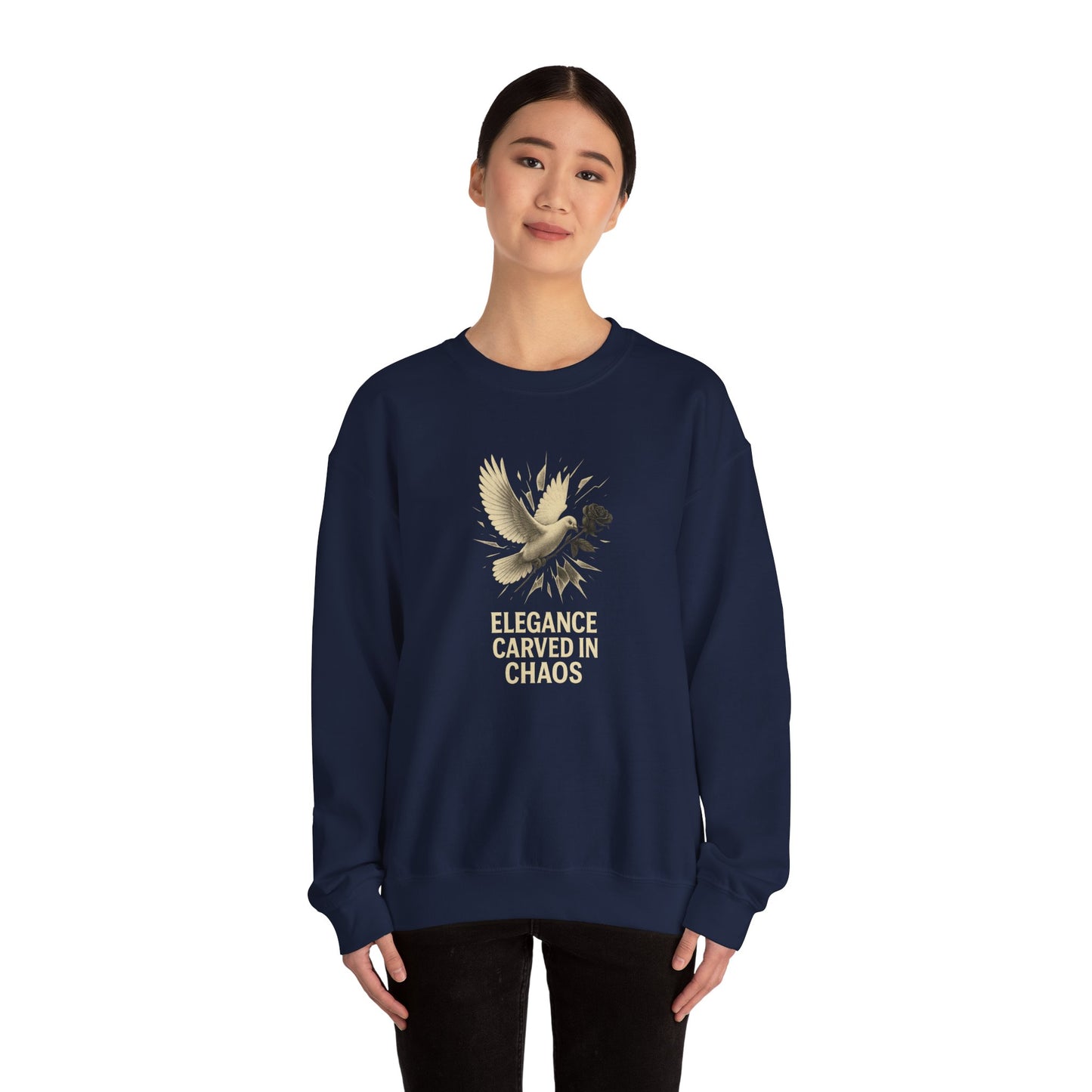 ELEGANCE CARVED IN CHAOS Unisex Crewneck Sweatshirt – Heavy Blend Pullover for Casual Wear | Cozy Streetwear Gift for Her, Feminist Fashion Statement