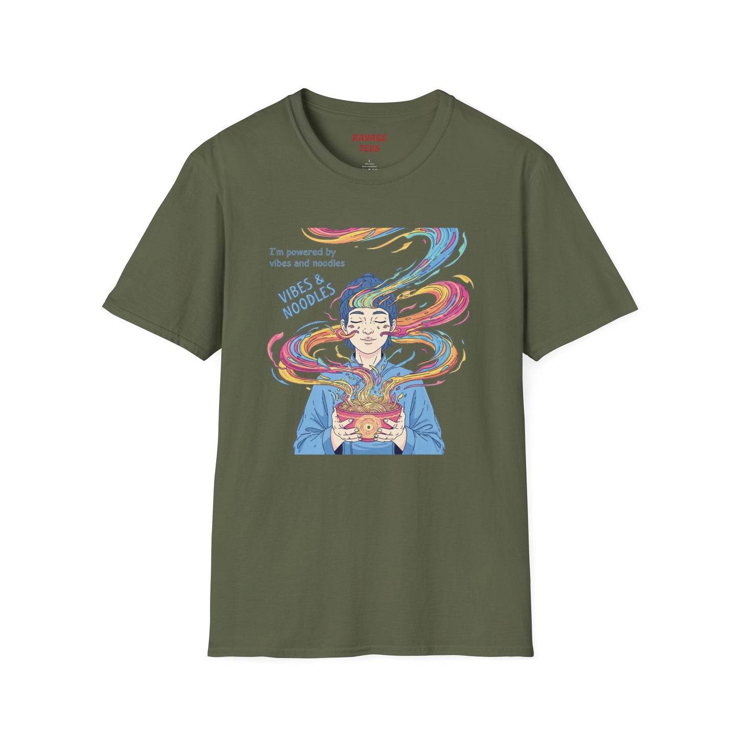Vibes and Noodles Graphic Tee – Unisex Softstyle T-Shirt, Fun Quirky Apparel, Gift for Food Lovers, Casual Everyday Wear