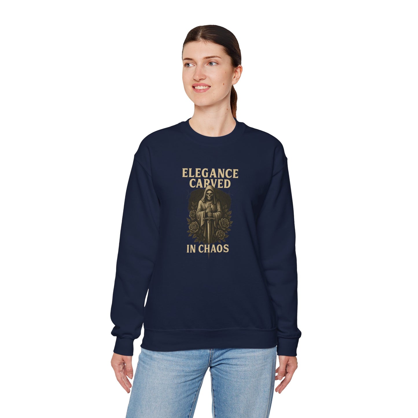 ELEGANCE CARVED IN CHAOS Unisex Crewneck Sweatshirt – Heavy Blend Pullover for Casual Wear | Cozy Streetwear Gift for Her, Feminist Fashion Statement