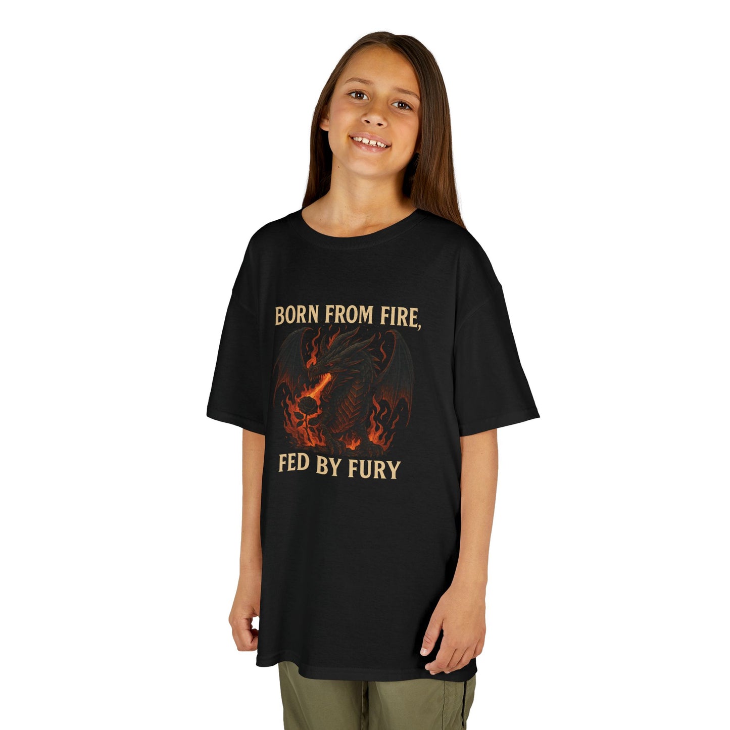 Unisex Fierce Spirit Kids Tee | Born from Fire, Fed by Fury | Cool Graphic Youth Shirt | Bold Kids Apparel | Gift for Boys and girls