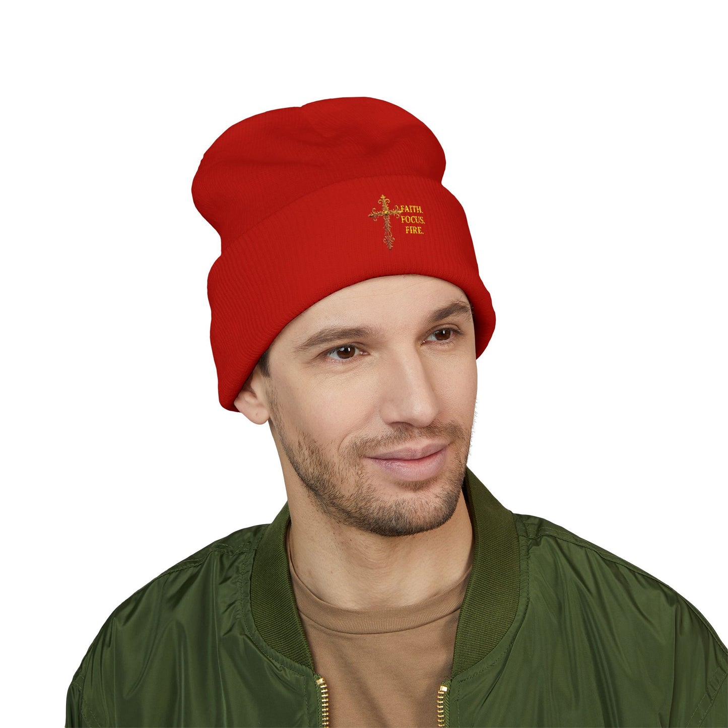 Classic Cuffed Beanie with Embroidered Cross Design - Cozy Gift for Winter, Religious Wear, Fashion Accessory, Holiday Beanie