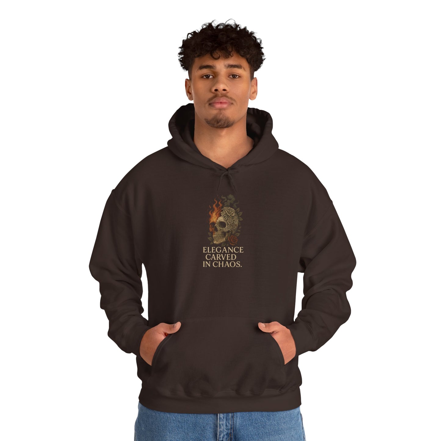 ELEGEANCE CARVED IN CHAOS Graphic Hoodie – Unisex Pullover Sweatshirt for Nature Lovers | Cozy Streetwear for Spring, Casual Wear & Eco-Friendly Gifts