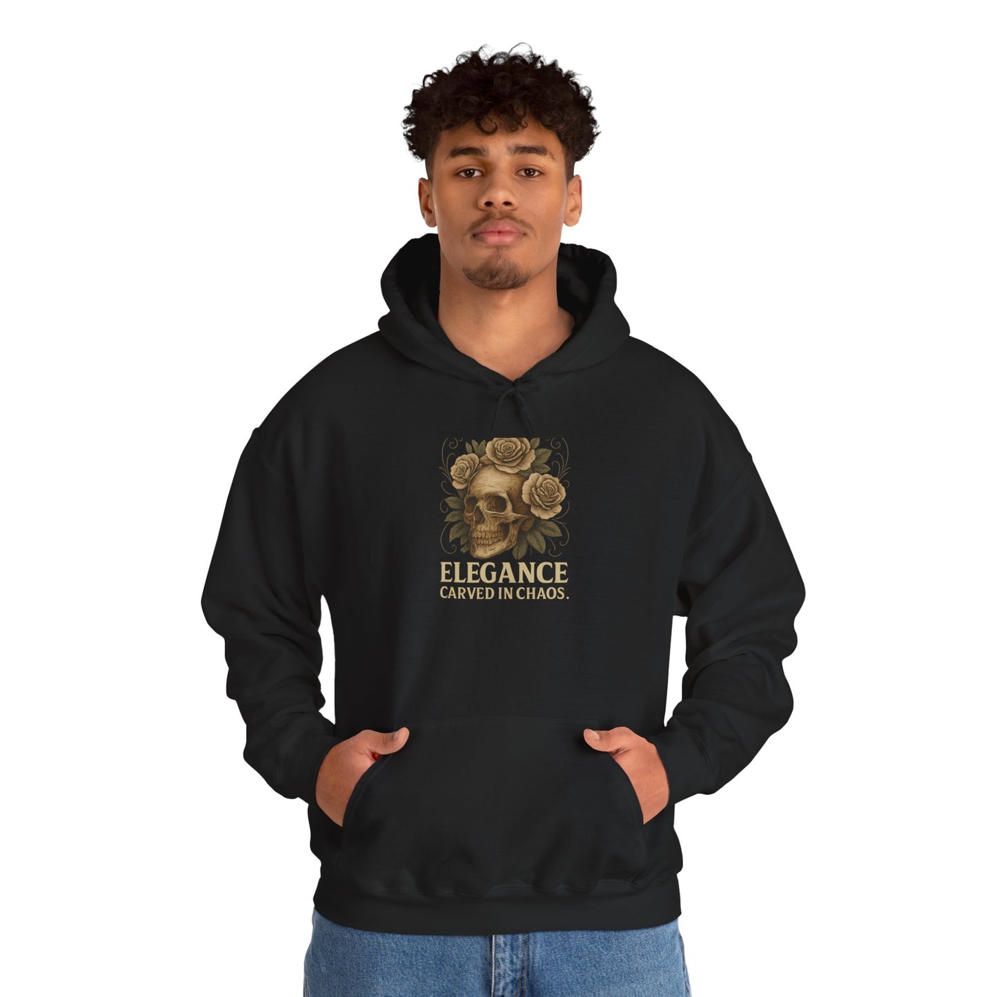 ELEGEANCE CARVED IN CHAOS Graphic Hoodie – Unisex Pullover Sweatshirt for Nature Lovers | Cozy Streetwear for Spring, Casual Wear & Eco-Friendly Gifts