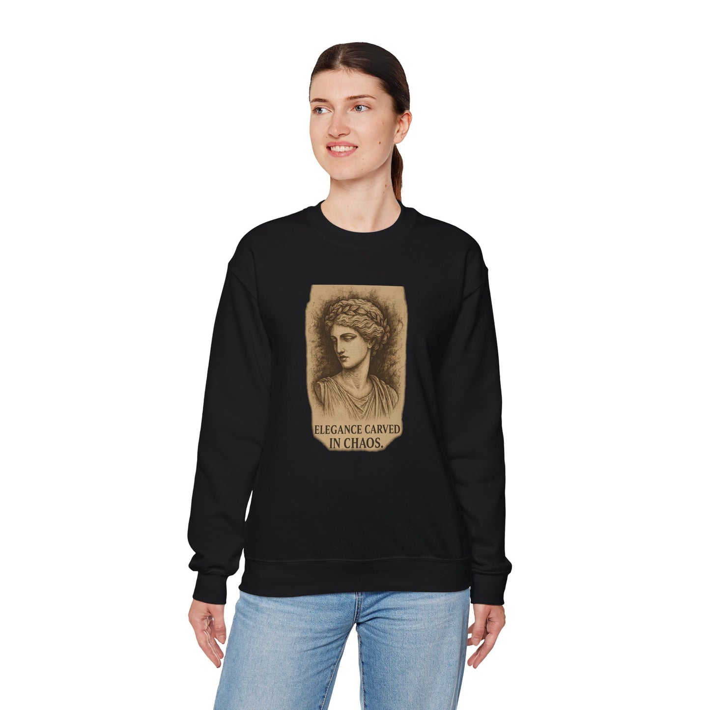 ELEGANCE CARVED IN CHAOS Unisex Crewneck Sweatshirt – Heavy Blend Pullover for Casual Wear | Cozy Streetwear Gift for Her, Feminist Fashion Statement