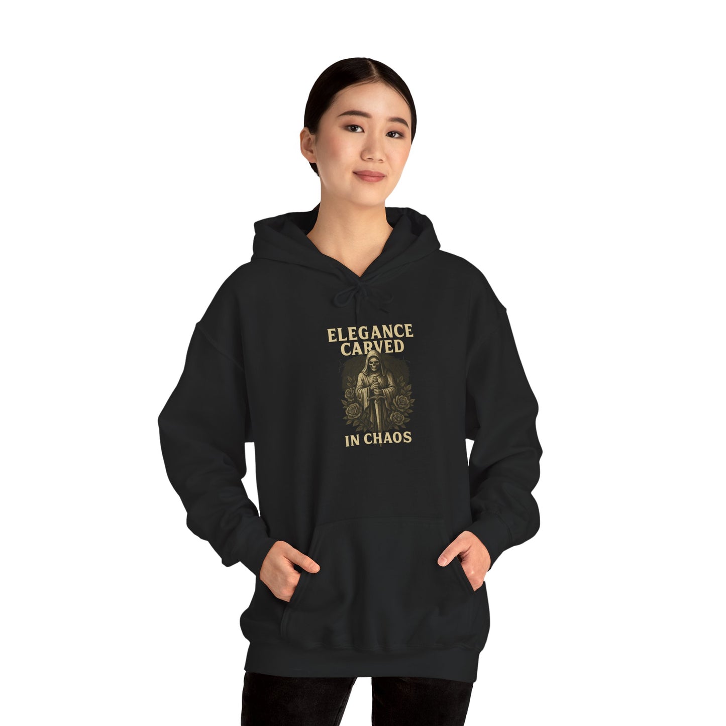ELEGEANCE CARVED IN CHAOS Graphic Hoodie – Unisex Pullover Sweatshirt for Nature Lovers | Cozy Streetwear for Spring, Casual Wear & Eco-Friendly Gifts