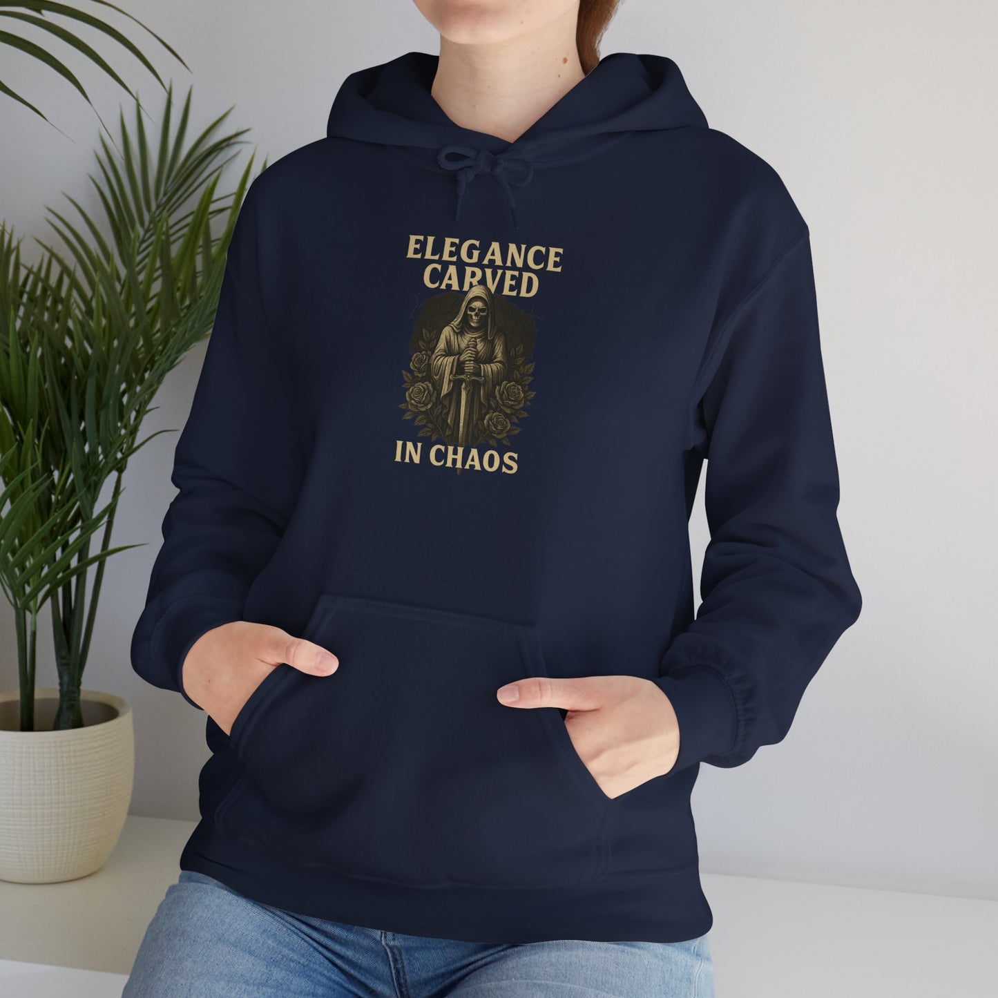 ELEGEANCE CARVED IN CHAOS Graphic Hoodie – Unisex Pullover Sweatshirt for Nature Lovers | Cozy Streetwear for Spring, Casual Wear & Eco-Friendly Gifts