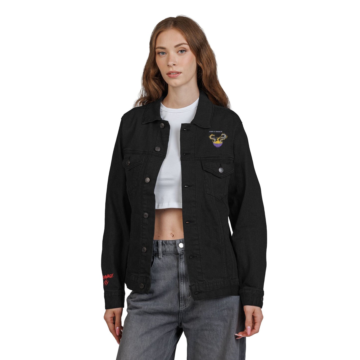 VIBES AND NOODLES Unisex Denim Jacket – Colorful Embroidery, Trendy Streetwear, Casual Fashion Essential, Gift for Style Lovers