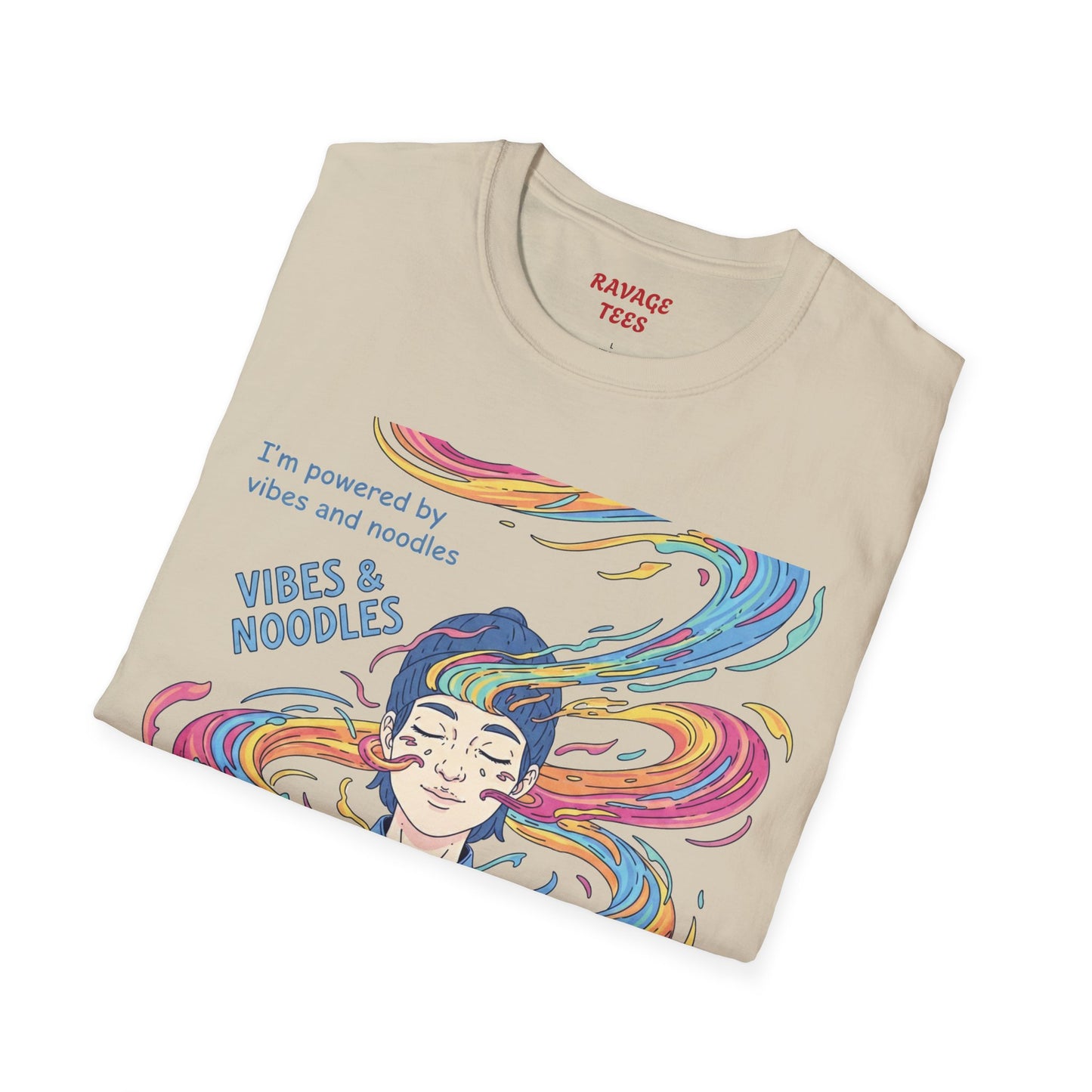 Vibes and Noodles Graphic Tee – Unisex Softstyle T-Shirt, Fun Quirky Apparel, Gift for Food Lovers, Casual Everyday Wear