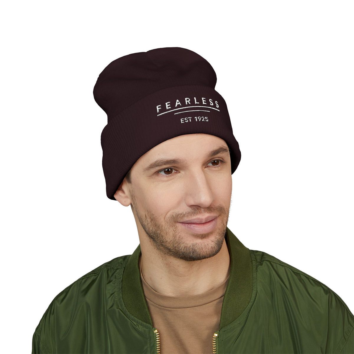 Fearless Embroidered Cuffed Beanie — Bold Black Knit Hat