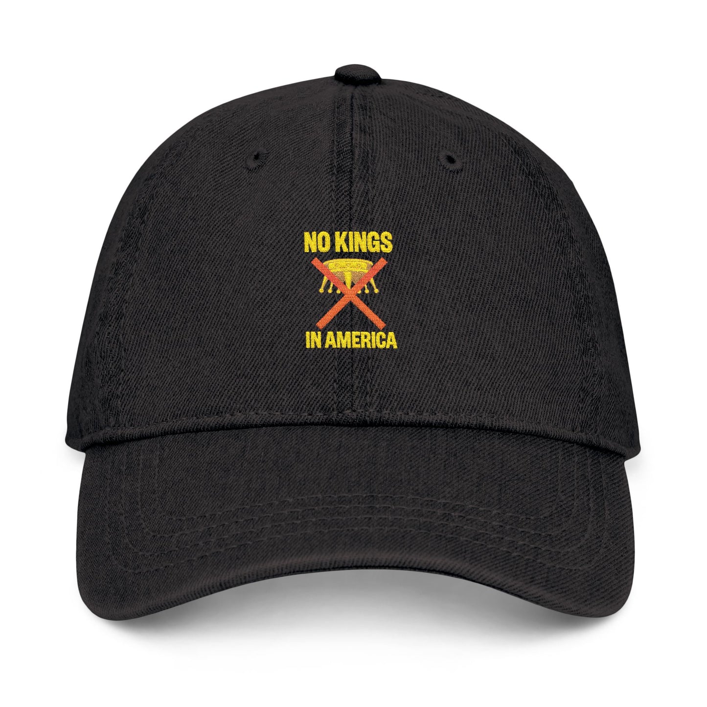 NO KINGS IN AMERICA Embroidered Denim Hat – Bold Statement Cap for Casual Style, Trendy Unisex Headwear, Fashion Accessory & Outdoor Gift Idea