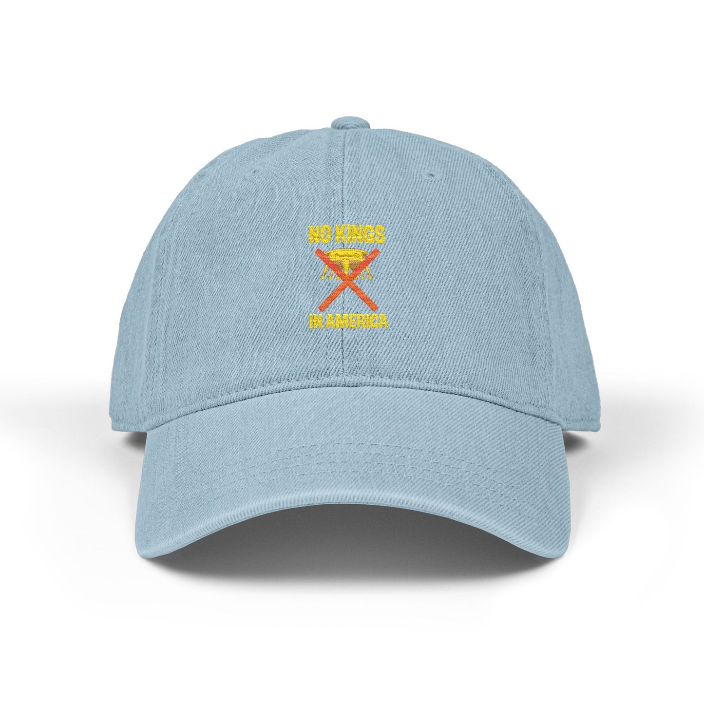 NO KINGS IN AMERICA Embroidered Denim Hat – Bold Statement Cap for Casual Style, Trendy Unisex Headwear, Fashion Accessory & Outdoor Gift Idea