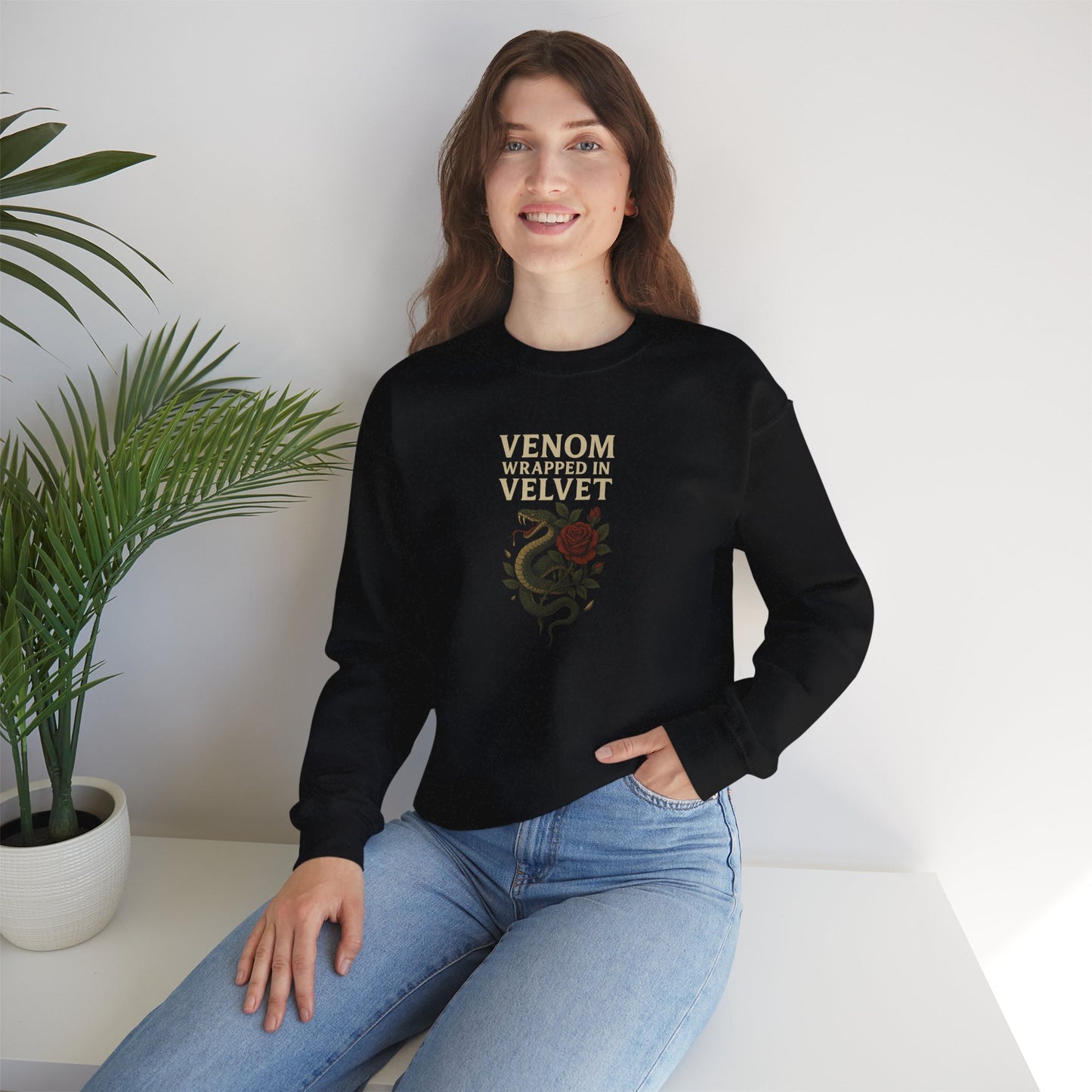 VENOM WRAPPED IN VELVET Unisex Crewneck Sweatshirt – Heavy Blend Pullover for Casual Wear | Cozy Streetwear Gift for Her, Feminist Fashion Statement