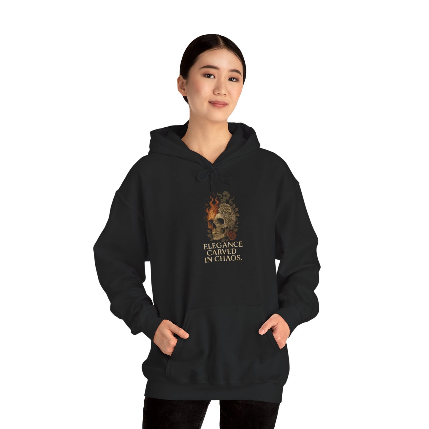 ELEGEANCE CARVED IN CHAOS Graphic Hoodie – Unisex Pullover Sweatshirt for Nature Lovers | Cozy Streetwear for Spring, Casual Wear & Eco-Friendly Gifts