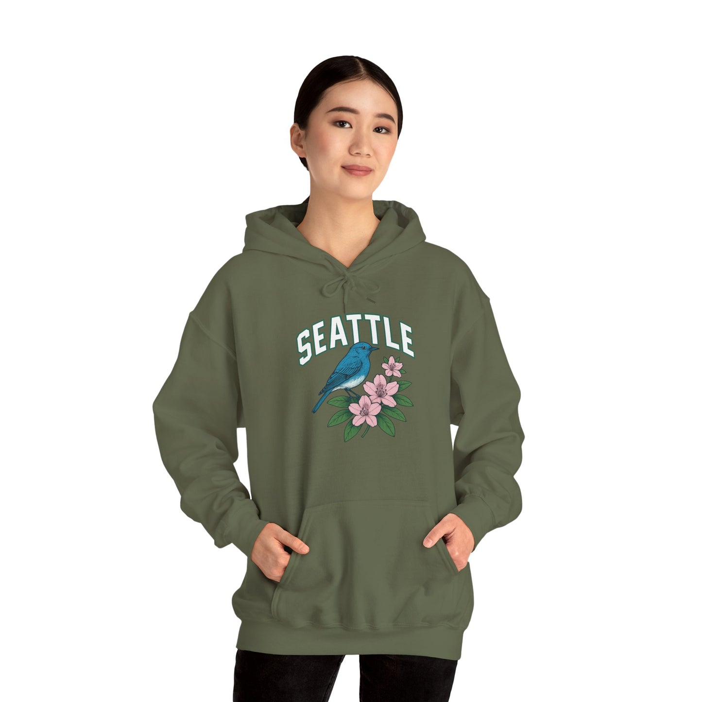 Seattle Bird & Floral Unisex Hoodie, Cozy Sweatshirt, Gift for Nature Lovers, Casual Wear, Travel Souvenir, Relaxed Style