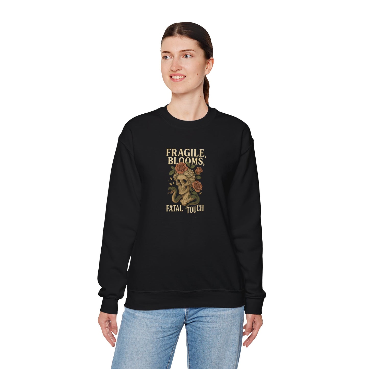 FRAGILE BLOOMS FATAL TOUCH Unisex Crewneck Sweatshirt – Heavy Blend Pullover for Casual Wear | Cozy Streetwear Gift for Her, Feminist Fashion Statement